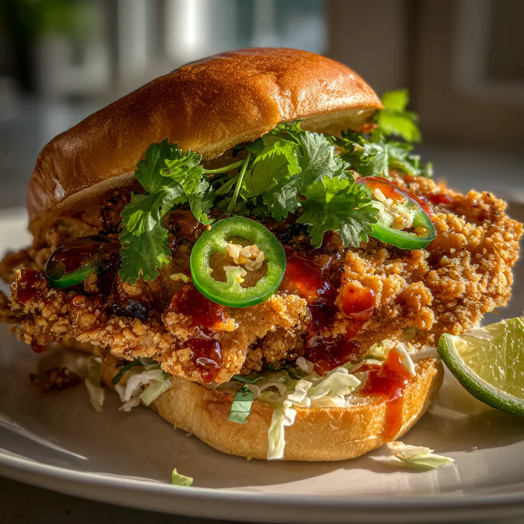 Ultimate Crispy Chicken Sandwich with Jalapeños, Fresh Cilantro, and Spicy Mayo Sauce - secondary view